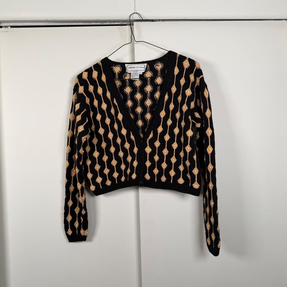 Adrienne Vittadini Cropped Cardigan Sweater Black Tan Beaded Diamond Cotton L